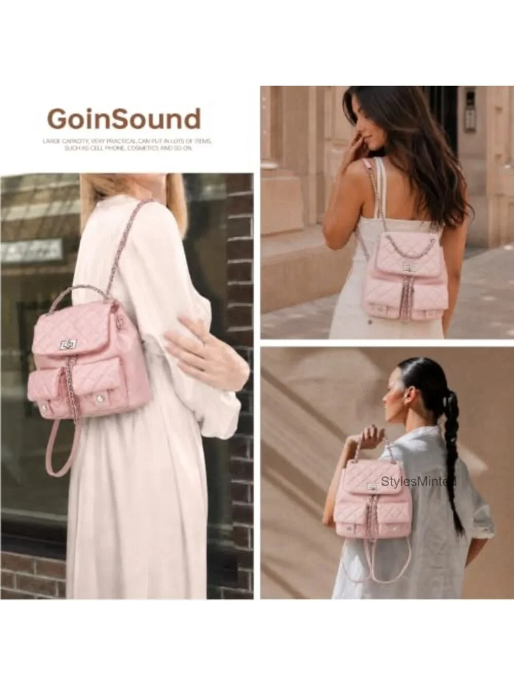 Quilted Faux Leather Mini Backpack Purse for Women Adjustable Straps